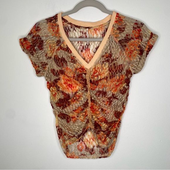 Free People Solana Nylon Ruched Stretch Semi Sheer Floral Crop Top size S - Picture 1 of 12
